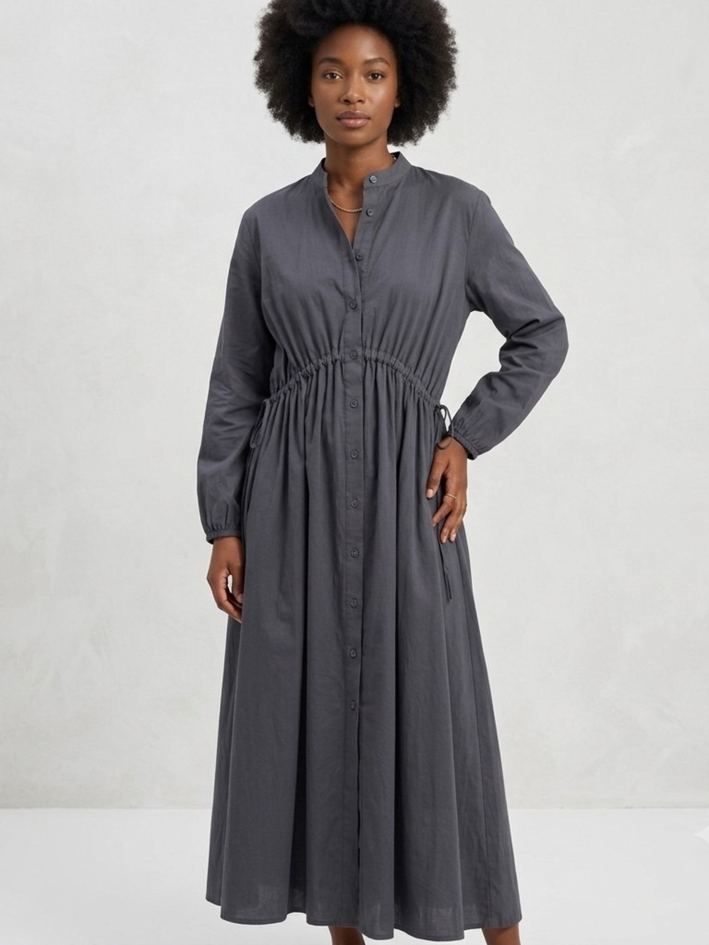 Zara Women's Gathered Waist Long Sleeve Charcoal Maxi Dress Size XS